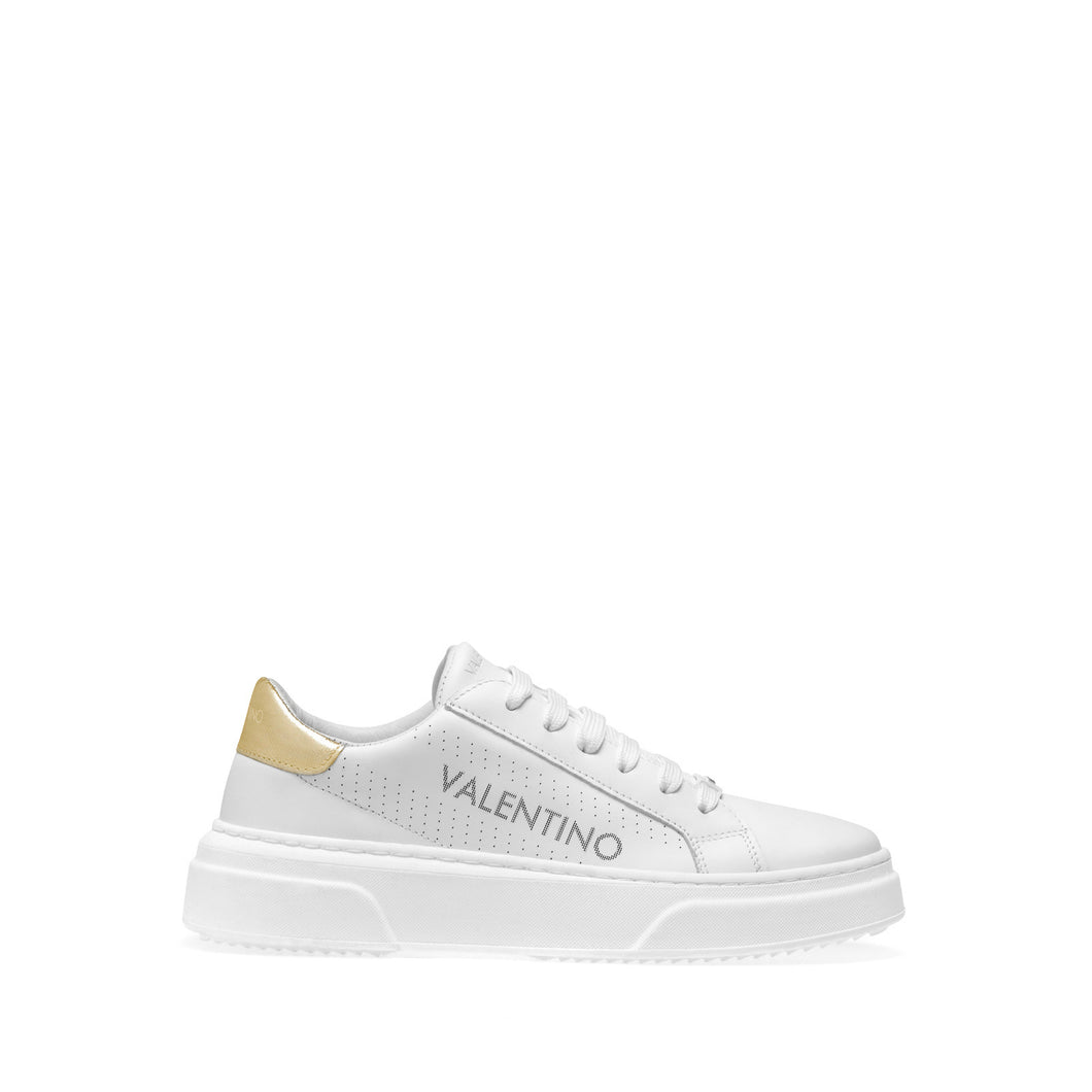 VALENTINO Lace Up Sneaker in white hide and golden inlay
