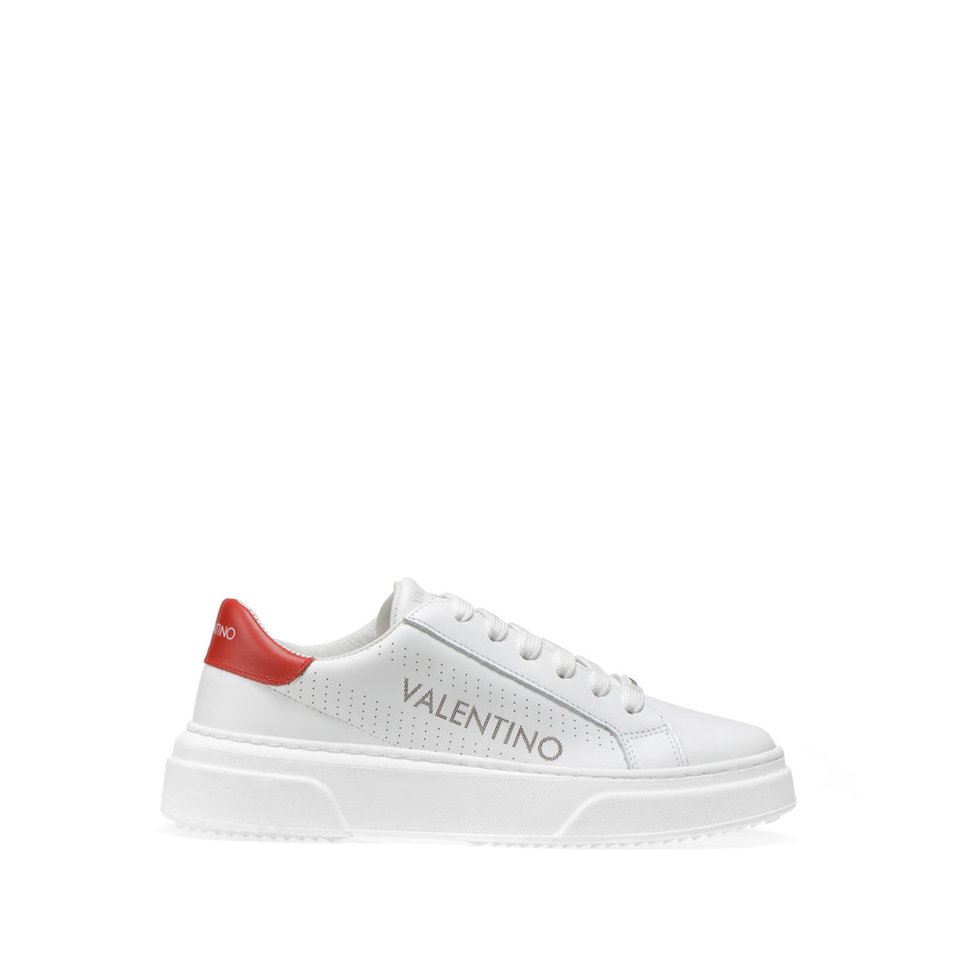 VALENTINO Lace Up Sneaker in white leather and red inlay