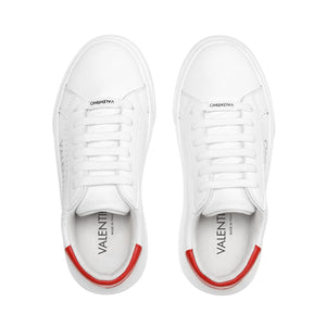 VALENTINO Lace Up Sneaker in white leather and red inlay